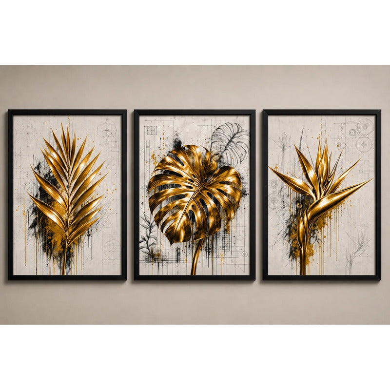 Set 3 Cuadros Living Oficina Hojas Doradas Arte Botanica Marco Negro