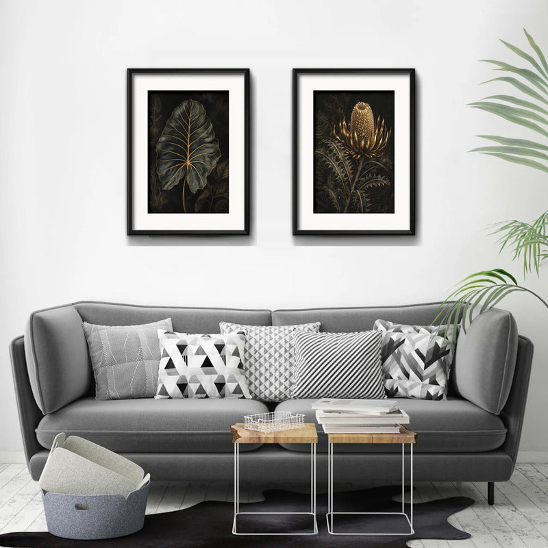 Set 2 Cuadros Hojas Flores Tonos Verde Oscuro Con Paspartu 53x43cm Cada Cuadro Negro