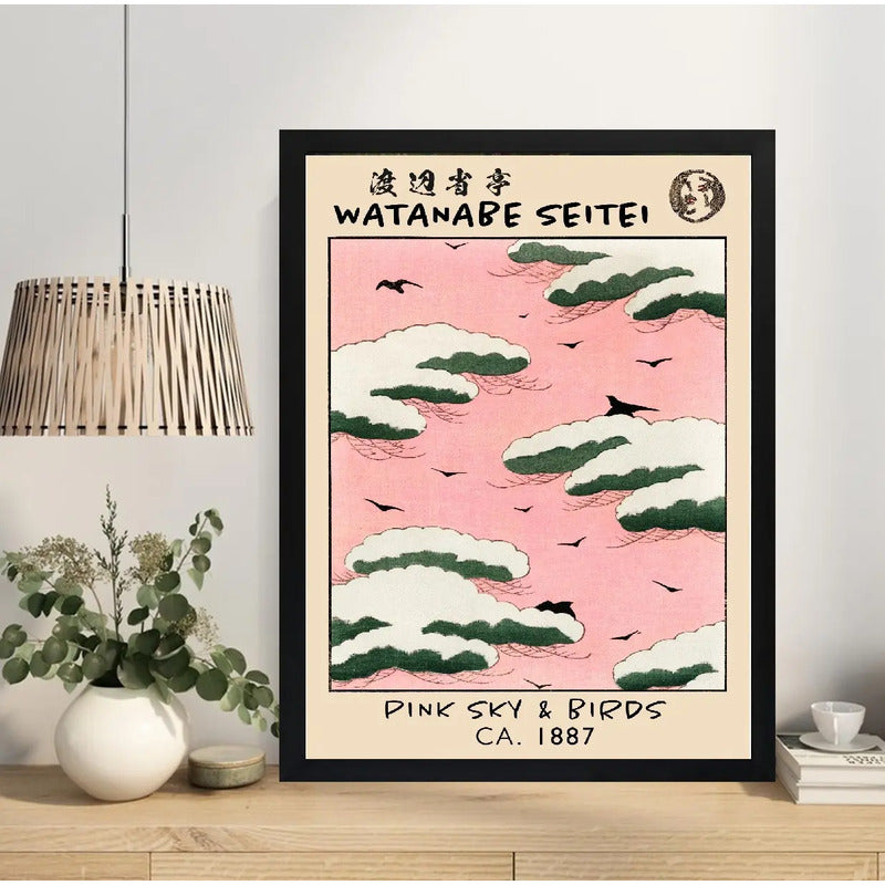 Cuadro Dormitorio Cielo Rosa Pájaros Watanabe Arte Japones Marco Negro