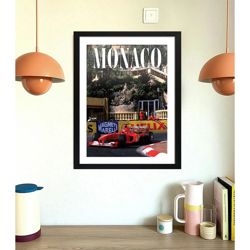 Cuadro Monaco Formula 1 Auto Pista Carrera Autodromo Retro Marco Negro