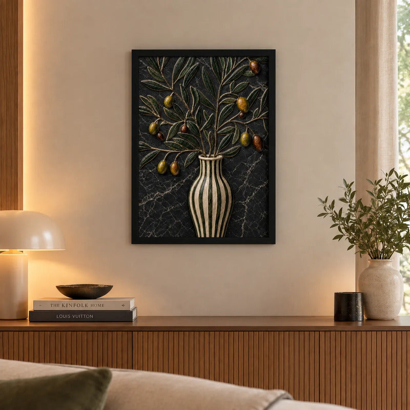 Cuadro Living Cocina Comedor Jarrón De Olivo Textura Marmol Marco Negro