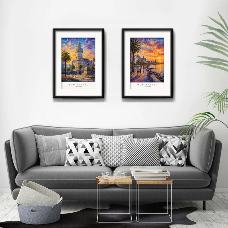 Set 2 Cuadros Montevideo Uruguay Paisajes Arte Con Paspartu 53x33cm Cada Cuadro Negro