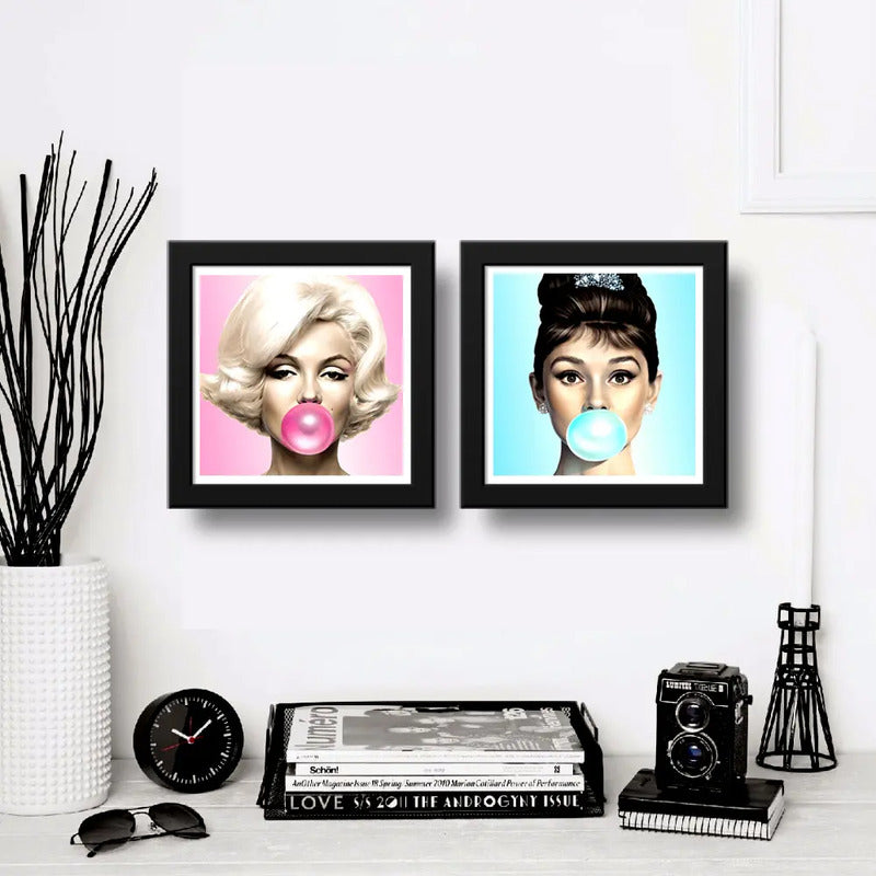 Set 2 Cuadros Marilyn Monroe Audrey Hepburn Chicle Pop Art