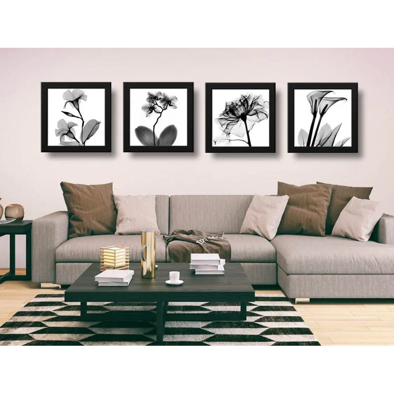 Set 4 Cuadros Flores Minimalista Blanco Y Negro - 33x33cm Marco Negro