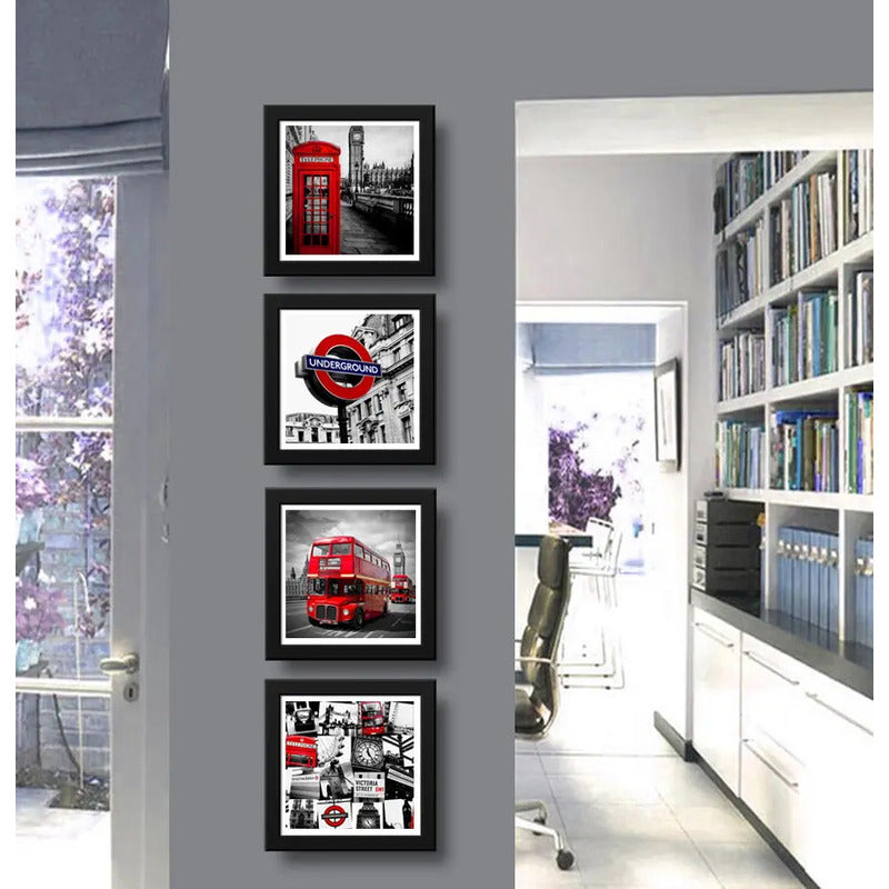Set 4 Cuadros Londres Uk Blanco Negro Rojo Ciudad Decoracion