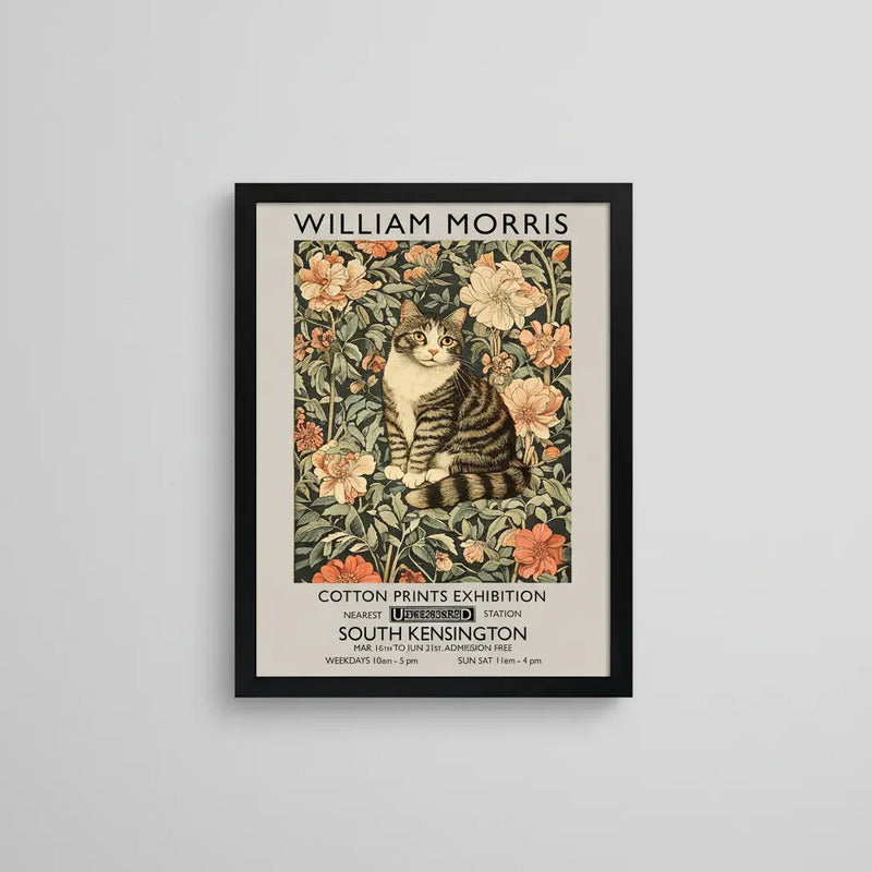 Cuadro Living Dormitorio Gato Flores William Morris Botanico Marco Negro