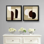 Set 2 Cuadros Dormitorio Living Boho Abstracto Beige 33x33cm Marco Negro