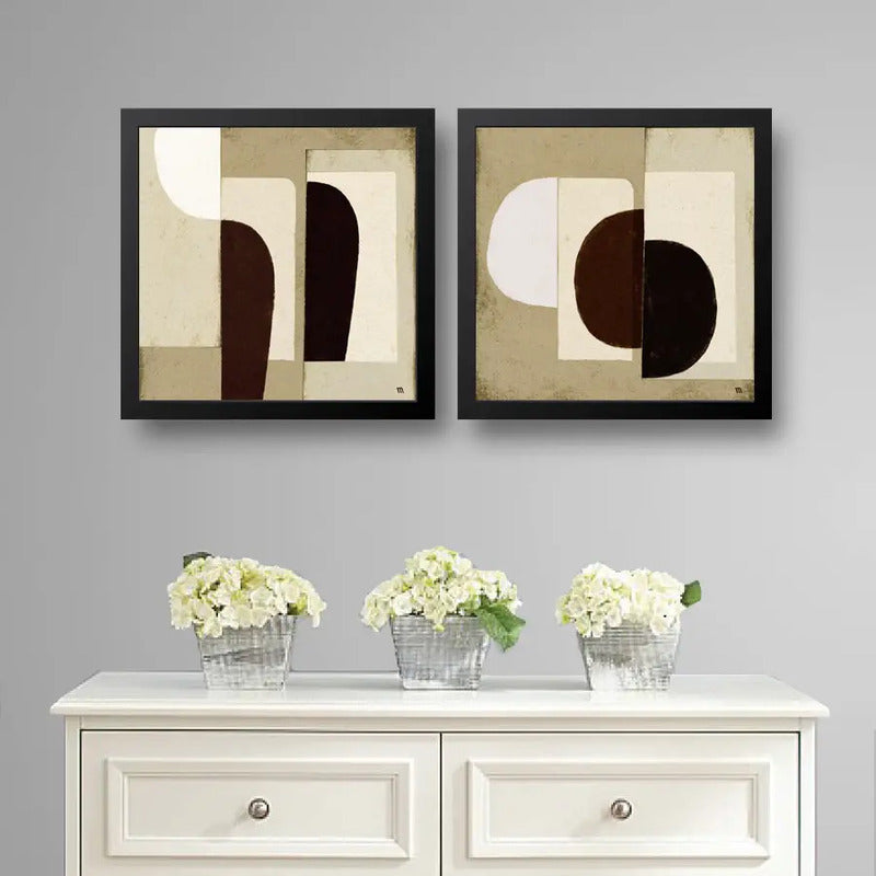 Set 2 Cuadros Dormitorio Living Boho Abstracto Beige 33x33cm Marco Negro
