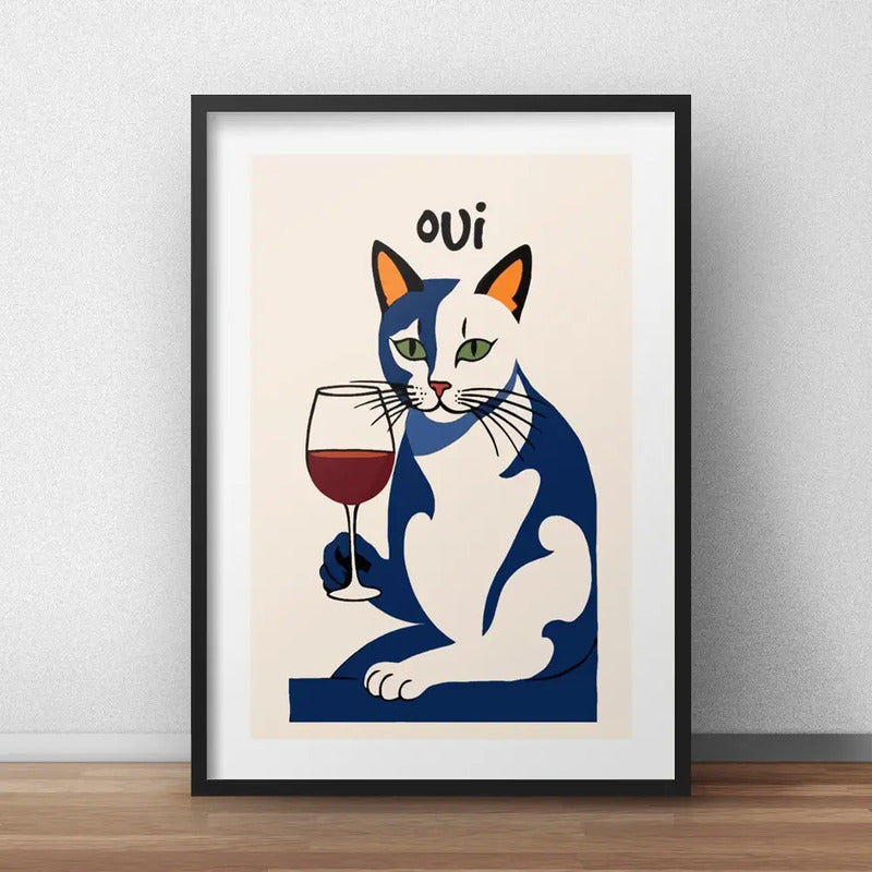Cuadro Gato Blanco Tomando Vino Bar Decoracion Con Paspartú
