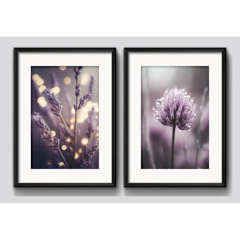 Set 2 Cuadros Flores Lavanda Cola Liebre Purple Con Paspartú Marco Negro