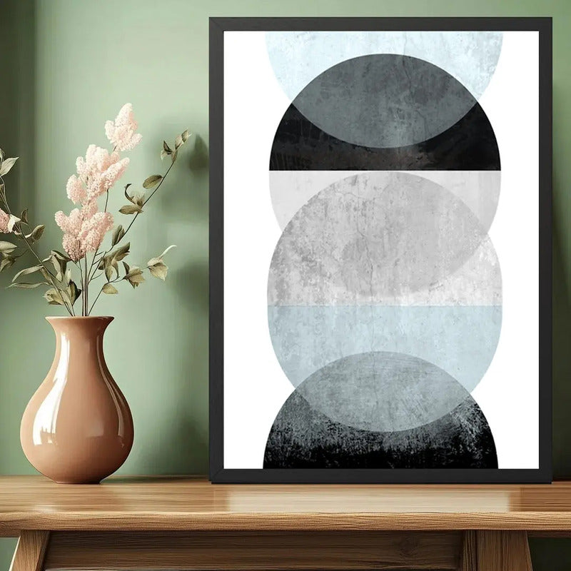 Cuadro Geometrico Abstracto Formas Boho Decoracion Moderna Celeste Azul Con Marco Negro