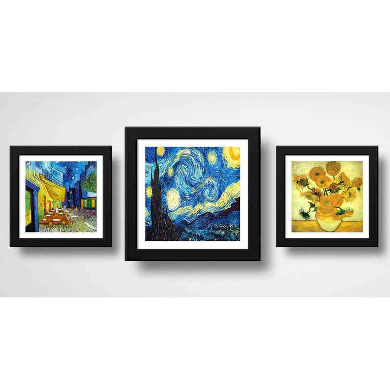 Set 3 Cuadros Van Gogh Obras Noche Estrellada Girasoles 33cm Marco Negro