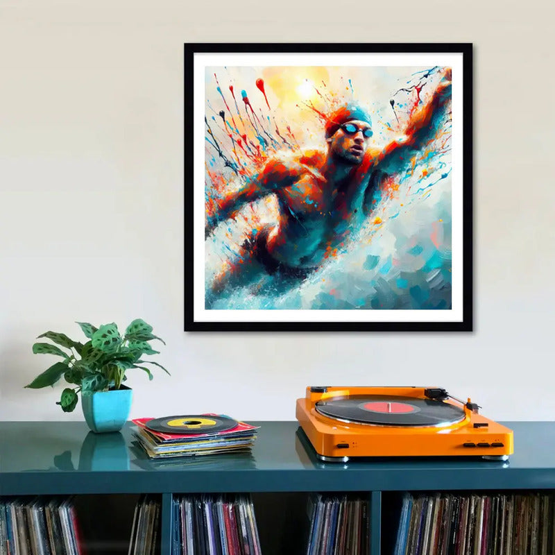 Cuadro Natacion Pop Art Club Gym Nadador Deportes 33x33cm Marco Negro