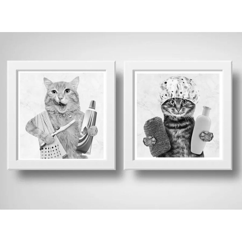 Set 2 Cuadros Gato Baño Blanco Y Negro Mascotas Decoracion