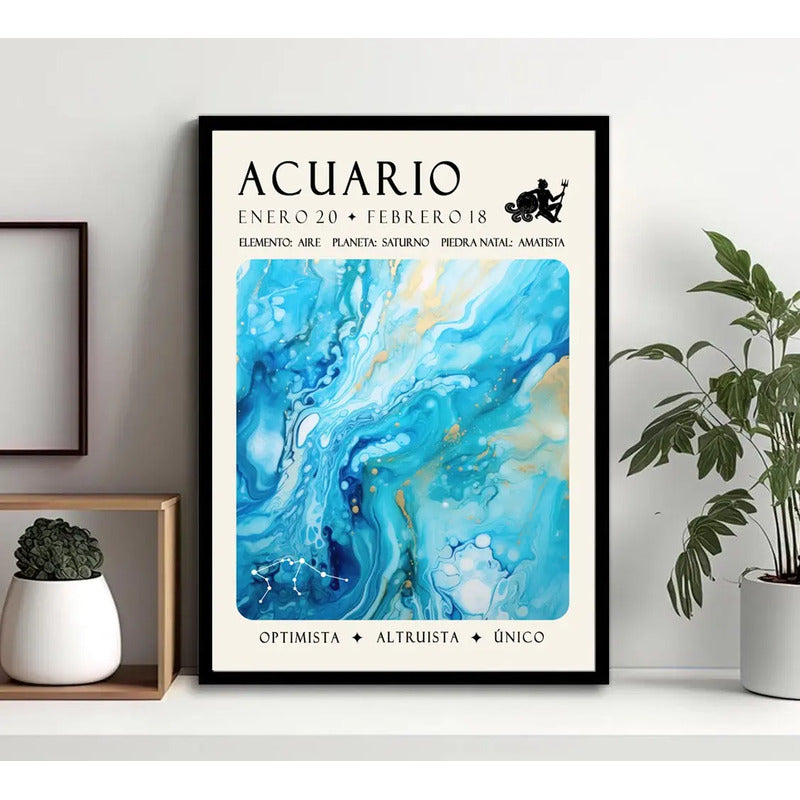 Cuadro Acuario Signo Astrologia Horoscopo Piedra Amatista Marco Negro