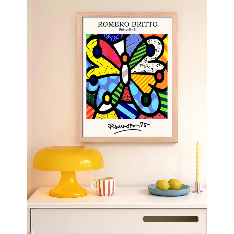 Cuadro Romero Britto Pop Art La Mariposa Butterfly Marco Oak Marco Marrón Claro
