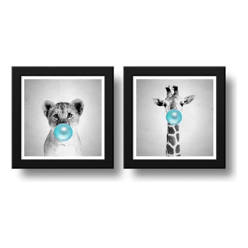 Set 2 Cuadros Leon Chicle Jirafa Baby Animals Art Decoracion