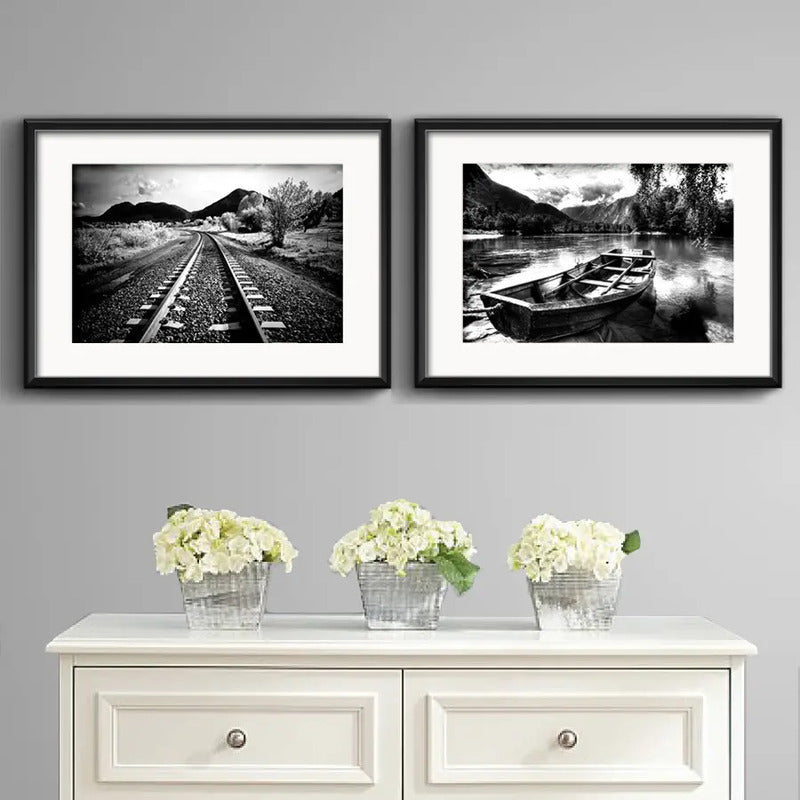 Set 2 Cuadros Paisajes Blanco Y Negro Decoracion Paspartú