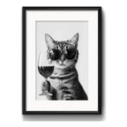 3 Cuadros Gato Tomando Vino Cafe Pet Decoracion Con Paspartú Marco Negro
