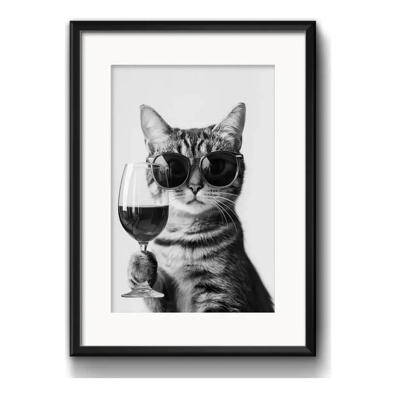 3 Cuadros Gato Tomando Vino Cafe Pet Decoracion Con Paspartú Marco Negro