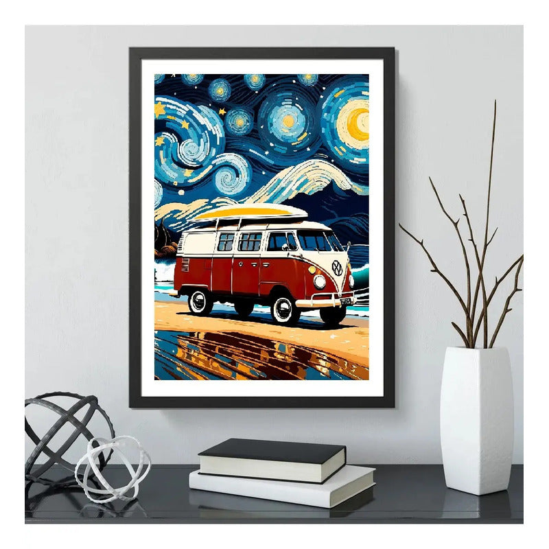 Cuadro Kombi Surf La Noche Estrellada Arte Playa Decoracion Marco Negro