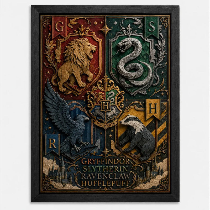 Cuadro Harry Potter 4 Casas Hogwarts Pelicula Arte Efecto 3d Marco Negro