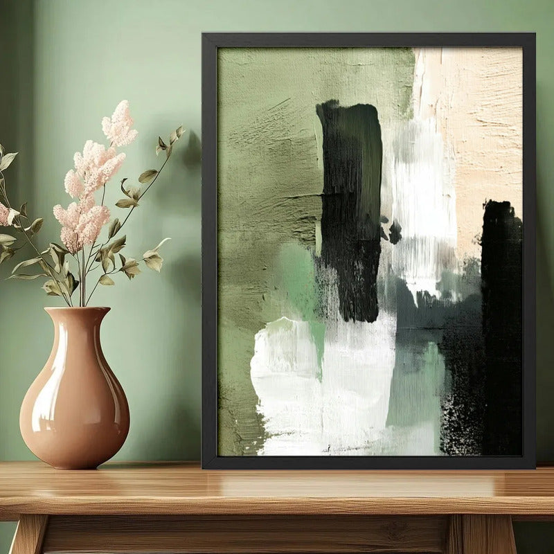 Cuadro Dormitorio Living Boho Abstracto Niebla Verde Marco Negro
