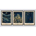 Set 3 Cuadros Monte Castillo Templo Arte Japonés Decoracion Marco Negro
