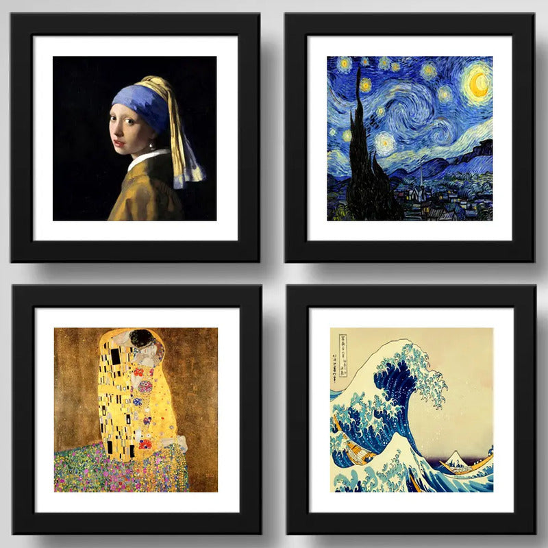 Set 4 Cuadros Obras Pintores Famosos Van Gogh Klimt 33x33cm Marco Negro