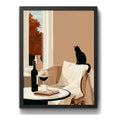 Cuadro Living Cocina Gato Vino Arte Cozy Cat Tonos Neutros Marco Negro