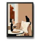 Cuadro Living Cocina Gato Vino Arte Cozy Cat Tonos Neutros Marco Negro