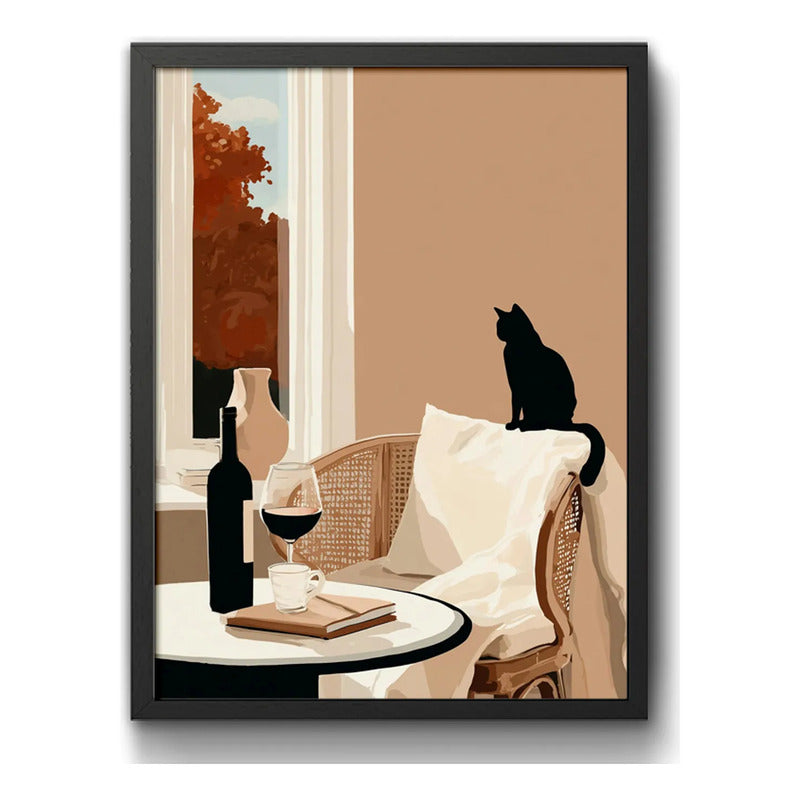 Cuadro Living Cocina Gato Vino Arte Cozy Cat Tonos Neutros Marco Negro