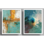 Set 2 Cuadros Dormitorio Living Abstracto Verde Azulado Ocre Marco Blanco