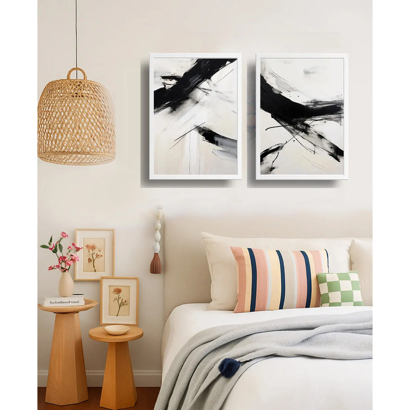 Set 2 Cuadros Living Dormitorio Abstracto Trazos Negros Arte Marco Blanco