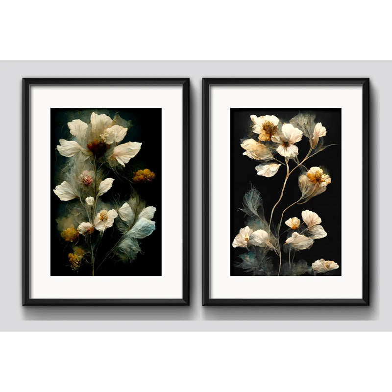 Set 2 Cuadros Flores Sagittaria Dry Flor Seca Con Paspartú Marco Negro