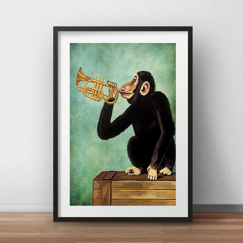 Cuadro Mono Jazz Trompeta Chimpancé Retro Con Paspartu Marco Negro