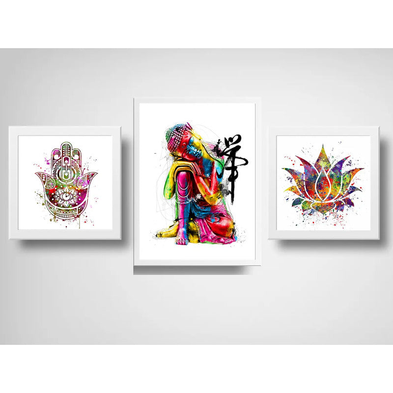 Set 3 Cuadros Buda Flor De Loto Hamsa Pop Art Zen Feng Shui