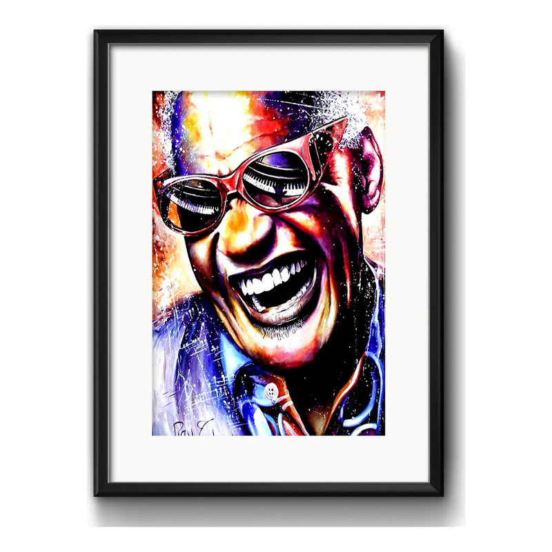 Cuadro Ray Charles Pop Art Colores R&b Piano B2 Con Paspartú Marco Negro
