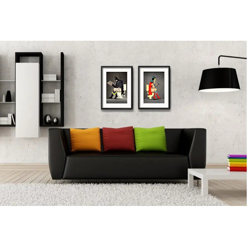 Set 2 Cuadros Heroes Baño Batman Mujer Maravilla Paspartú