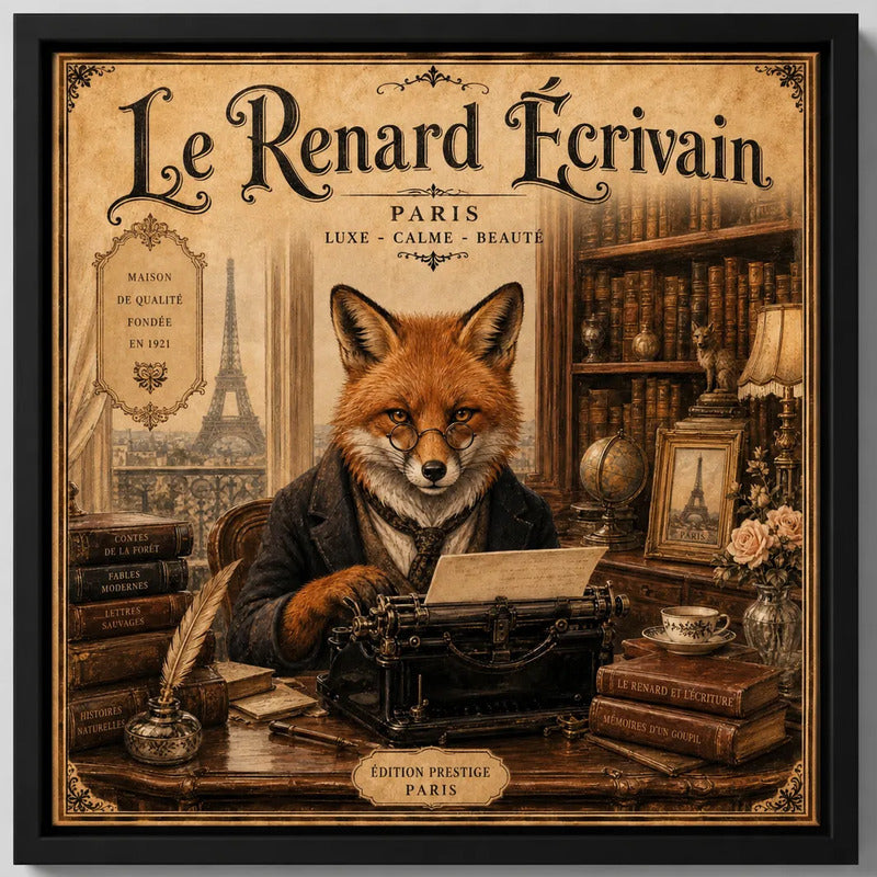 Cuadro Zorro Frances Paris Máquina De Escribir Retro Vintage Marco Negro