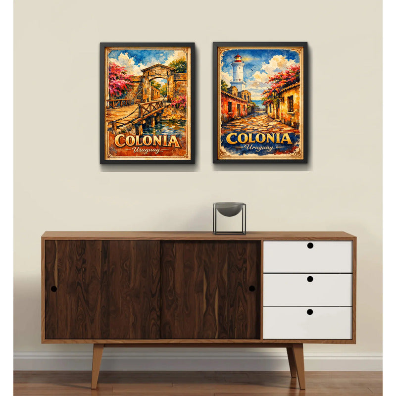 Set 2 Cuadros Colonia Del Sacramento Arte Retro Uruguay Marco Negro