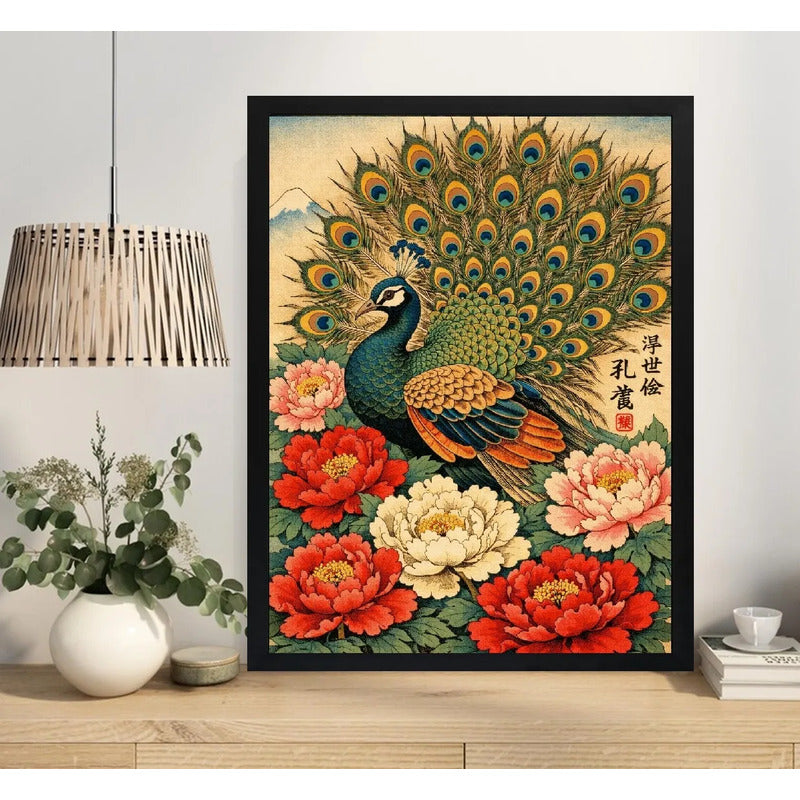 Cuadro Pavo Real Peonías Elegantes Japón Botanico Flores Art Marco Negro