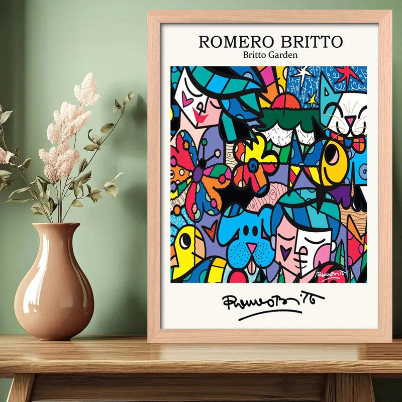 Cuadro Romero Britto Pop Art Jardin Britto Garden Marco Oak Marco Marrón Claro