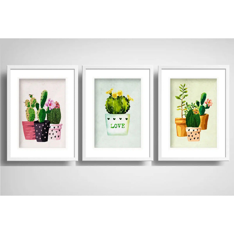 Set 3 Cuadros Cactus Suculentas Pop Art Decoracion Paspartú