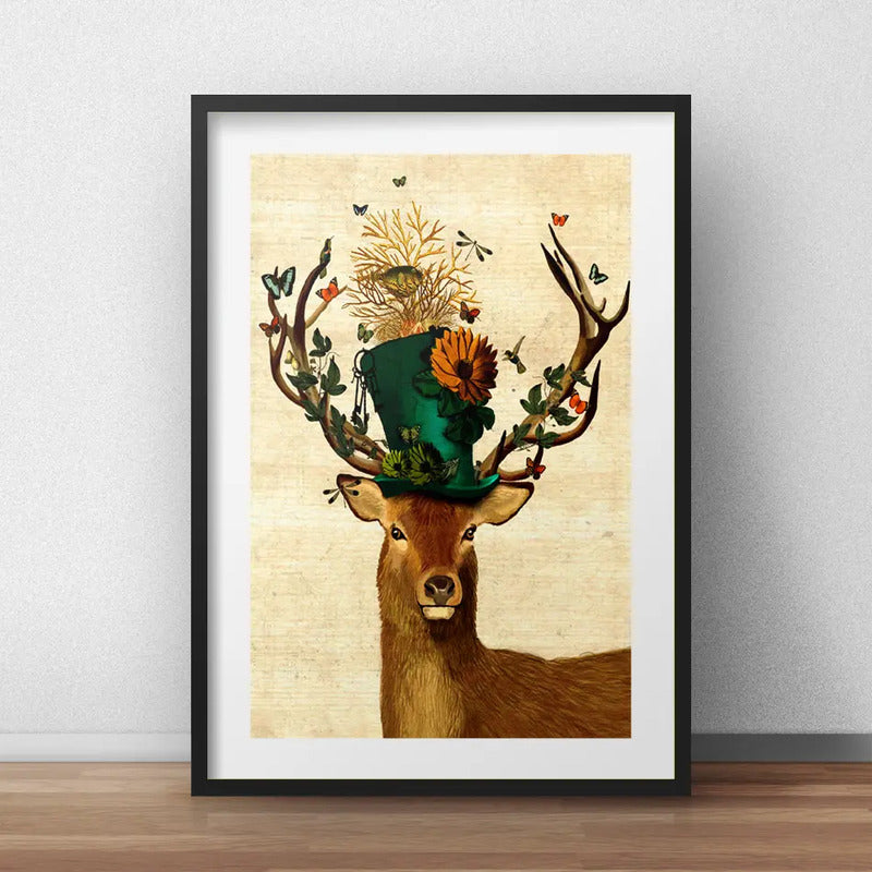 Cuadro Ciervo Sombrero Floral Animal Decoracion Con Paspartú Marco Negro