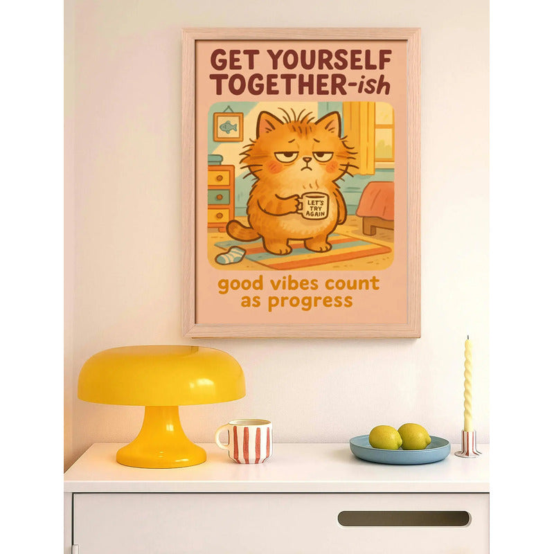 Cuadro Gato Café Frase Organízate Un Poco Cocina Marco Oak Marco Marrón Claro
