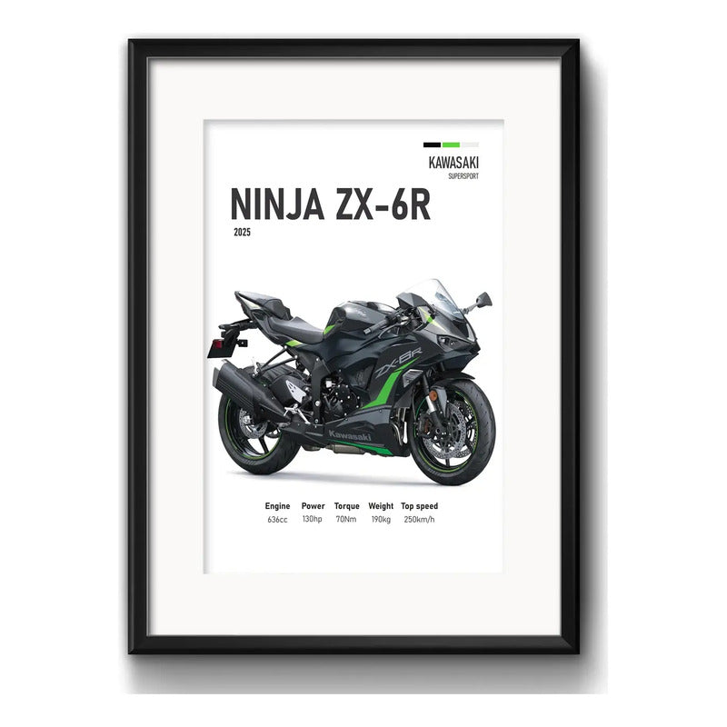 Cuadro Moto Motocicleta Modelos Marcas Con Paspartu Kawasaki Zx-6r Supersport Negro
