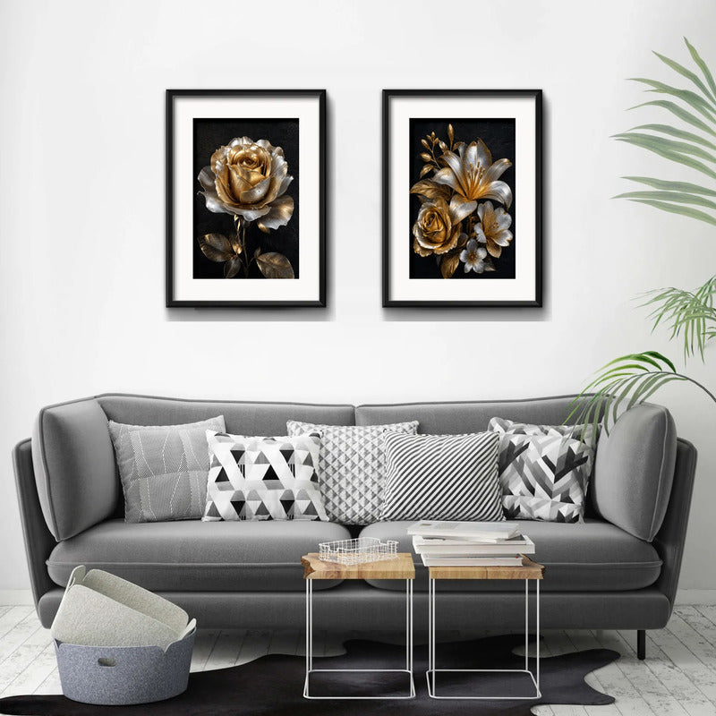 Set 2 Cuadros Flores Tonos Dorados Y Plateados Con Paspartú 53x43cm Cada Cuadro Negro