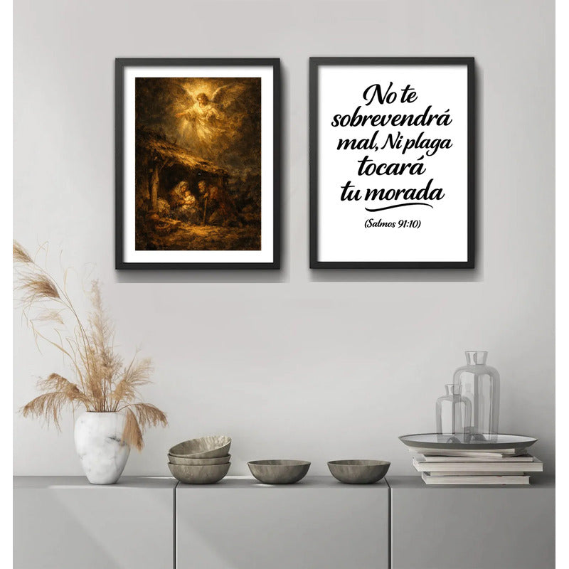Set 2 Cuadros Jesús Cristo Nacimiento Y Salmo 91:10 Biblia Marco Negro