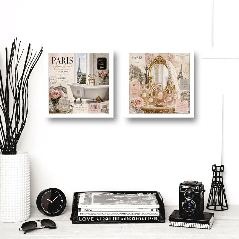 Set 2 Cuadros Decoracion Bano Paris Retro Banera Perfumes Marco Blanco